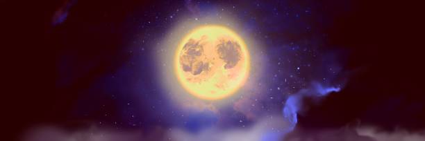 istock Horror-style background wide size illustration of a golden full moon and suspiciously drifting night sky on Halloween night. 1413246721
