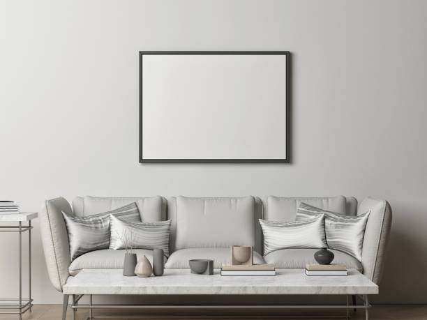 istock Sofa with pillows, mock up poster in living room design, 3d illustration. 1413246725