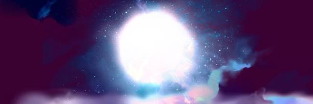 istock Mysterious wide size landscape illustration of divine light leading to heaven shines from the sky tinted by the setting sun and peeks through the cracks of the sea of clouds. 1413246792