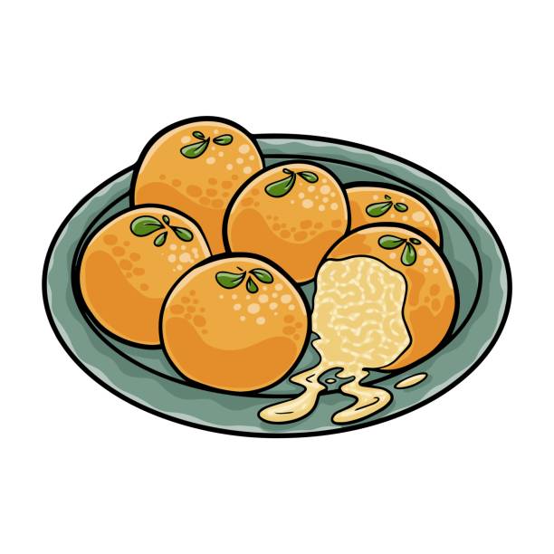 ilustraciones, imágenes clip art, dibujos animados e iconos de stock de arancini frito casero con albahaca y marinara sobre fondo blanco, vista lateral. bolas de arroz italianas. - croquetas