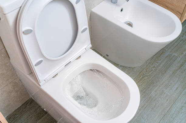 istock Flushing water in a toilet. High angle view 1413248227