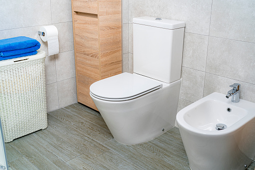 White toilet and bidet in a modern apartment.