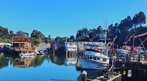 Fort Bragg, California, USA-June 22, 2021:Boats and wharves of Noyo Harbor, Fort Bragg, California.