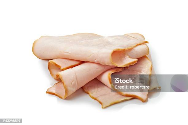 Thin Smoked Ham Slices On White Background Stock Photo - Download Image Now - Turkey Meat, Slice of Food, White Background