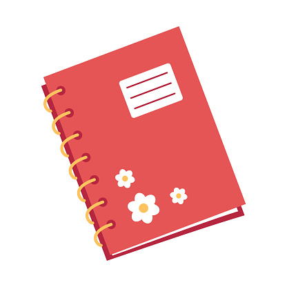 Vector cute notebook on rings. Red notebook with flowers. Back to school.