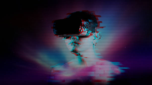 Young man wearing VR goggles and glitch effect. metaverse technology virtual reality concept. Virtual Reality Device, Simulation, 3D, AR, VR, Innovation and Technology of the Future on Social Media.