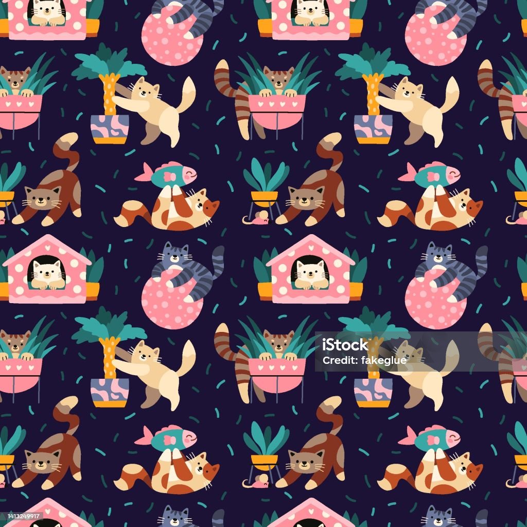 Playful Cat Pattern Seamless Pattern With Funny Playful Cats Stock Illustration - Download ...