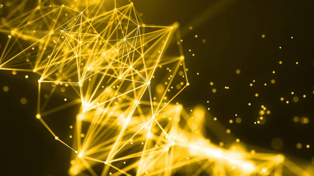istock Abstract Plexus Digital green Wave Triangulation Shapes on digital gold orange color wave with flowing small particles dance  background. Cyber or technology background. 1413250001
