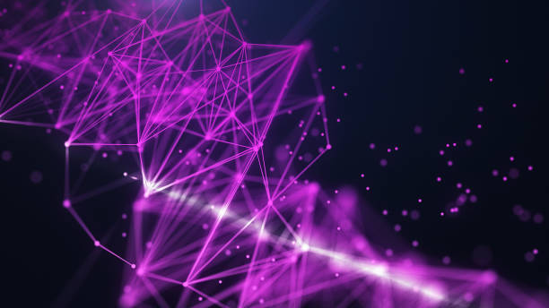 istock Abstract Plexus Digital green Wave Triangulation Shapes on digital Purple color wave with flowing small particles dance  background. Cyber or technology background. 1413250042