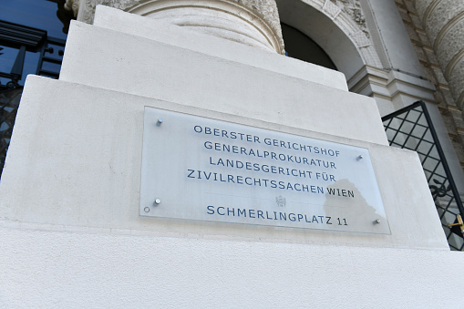 The sign at the entrance of the palace of Justice on Schmerlingplatz in Vienna, with Supreme Court (OGH), Austria, Europe
