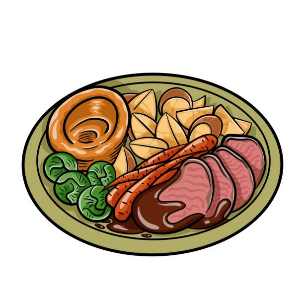 ilustrações de stock, clip art, desenhos animados e ícones de roast dinner with beef, carrots, brussel sprouts and yorkshire pudding on white background - roast beef illustrations