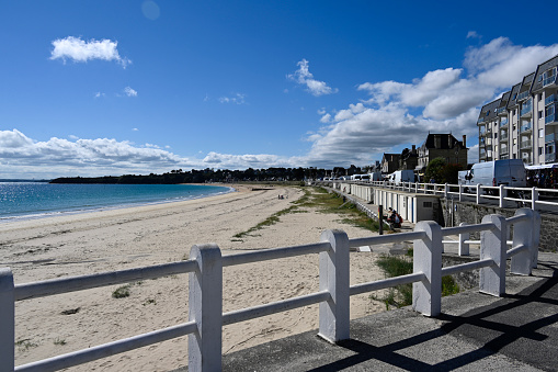 Saint-Cast-le-Guildo, France, July 4, 2022 - Beach promenade in Saint-Cast-le-Guildo in the Côtes-d'Armor department of Brittany