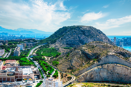 High angle view of the two hills and the cityscape in Alicante, Spain