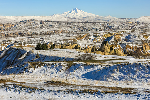 Erciyes Mountain, Rock Formations and City in Cappadocia at Winter