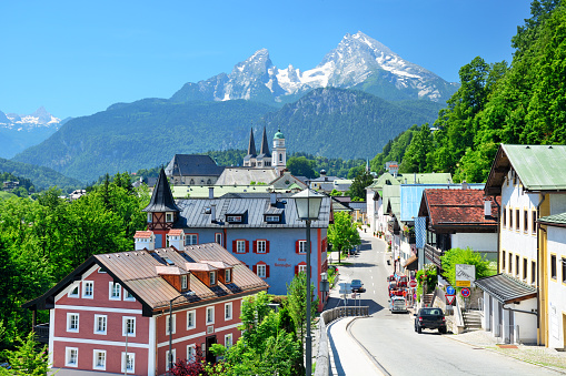 Berchtesgaden town with Watzmann the third-highest mountain in Germany on background, Bavaria