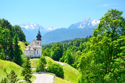 Pilgrimage Church Maria Gern (Wallfahrtskirche Maria Gern) and Watzmann mountain on background in Bavarian Alps, Berchtesgaden