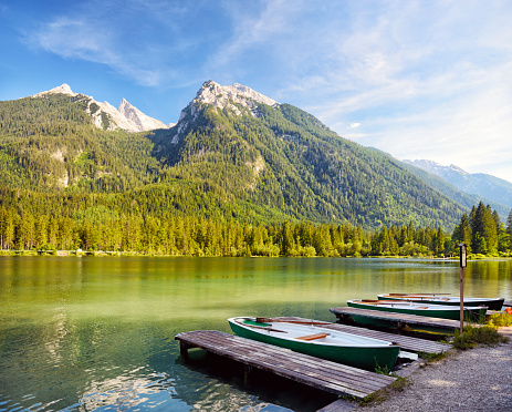 Hintersee Lake (Ramsauer Ache) below the steep walls of the Reiteralm and Hochkalter are among the most picturesque place in the Bavarian Alps, Germany
