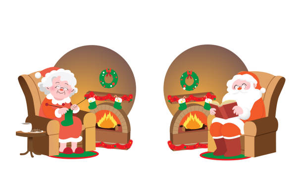 Christmas Santa Claus and Mrs Claus isolated characters Christmas Santa Claus and Mrs Claus isolated characters sitting in armchair in front of fireplace. Cozy fireplace interior with christmas decorations. mrs claus stock illustrations