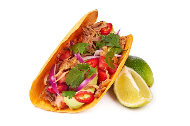 Pulled pork taco with lime on white background stock photo