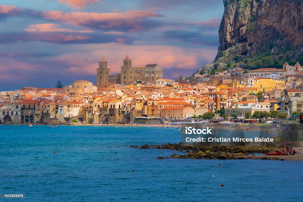 Cefalu Town on Meditteranean Sea in the summertime Landscape view of Cefalu Town on Meditteranean Sea in the summer holiday, in Italy - Europe Sicily Stock Photo