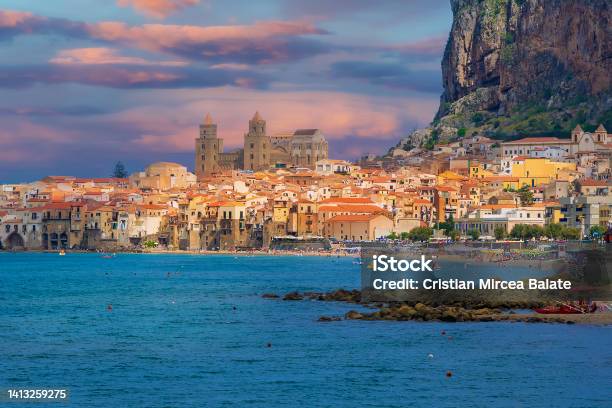 Cefalu Town On Meditteranean Sea In The Summertime Stock Photo - Download Image Now - Sicily, Cefalu, Italy