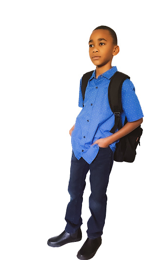 Black male wearing a blue collard shirt, dark denim and black boots. He is wearing a black backpack and has a blank expression