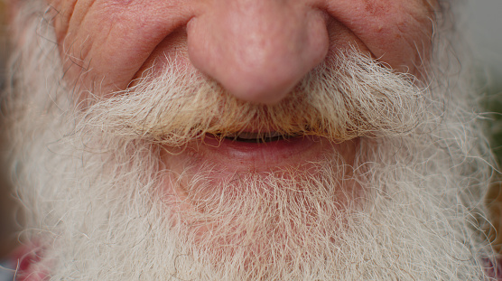 Close-up macro portrait of carefree senior old grandfather man 60s wrinkled face smiling, laughing. Happy bearded stylish grey hair elderly mature retired grandpa pensioner male guy posing at camera.