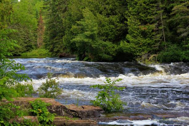 Aerial View of Boreal Forest and River, Cote-Nord, Quebec, Canada.The river is the Matamec River located close to the highway 138 in la Baie de Moisie.