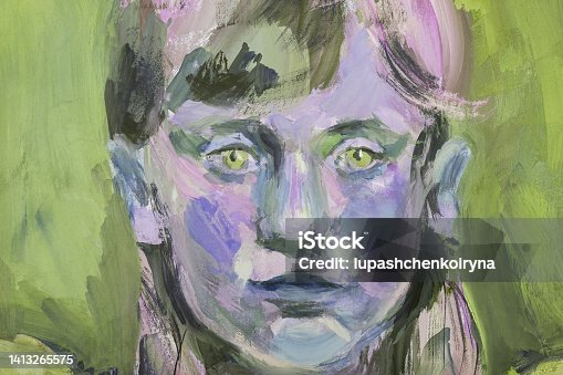istock illustration oil painting portrait face look of a little girl with green eyes with blond long hair on a greenish background 1413265575
