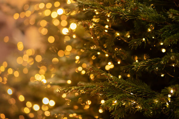 christmas tree with a garland of lights on a blurred background stock photo