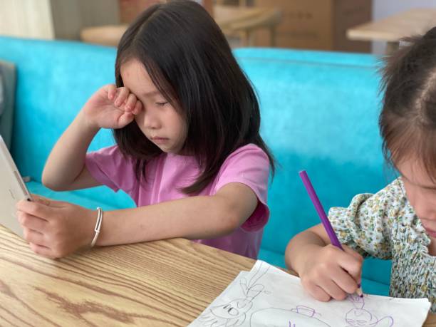Overuse, children rub their eyes with hands