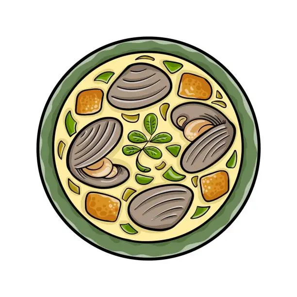 Vector illustration of Clam Chowder. American cuisine: New England clam chowder soup closeup