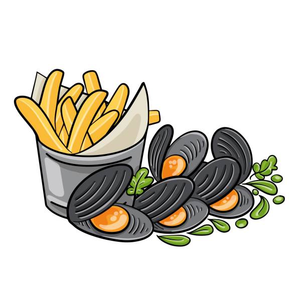 Mosselen-friet. Belgian Moules frites on white background Mosselen-friet. Belgian Moules frites on white background moules frites stock illustrations