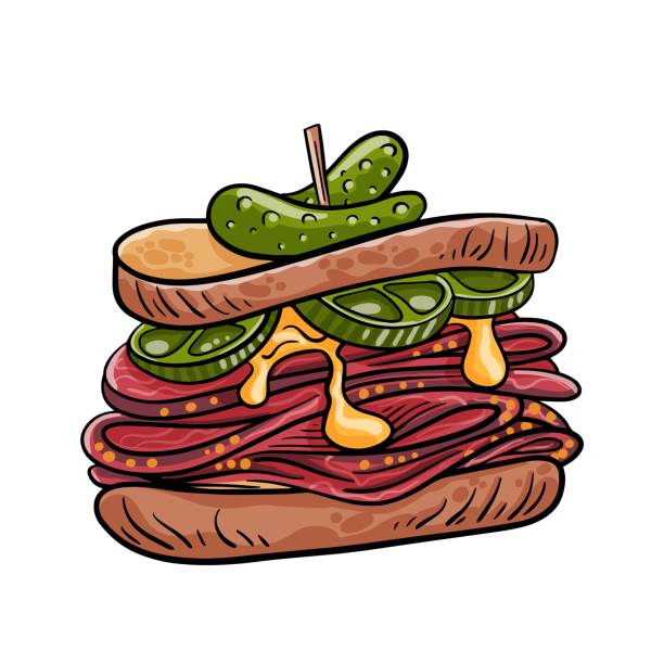 пастрами из свежей нарезанной говядины, мясо ростбифа на белом фоне / американская еда - cold sandwich illustrations stock illustrations