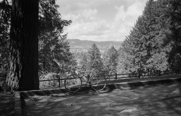 Bicycle parked at Mount Tabor overlooking Portland, Oregon stock photo