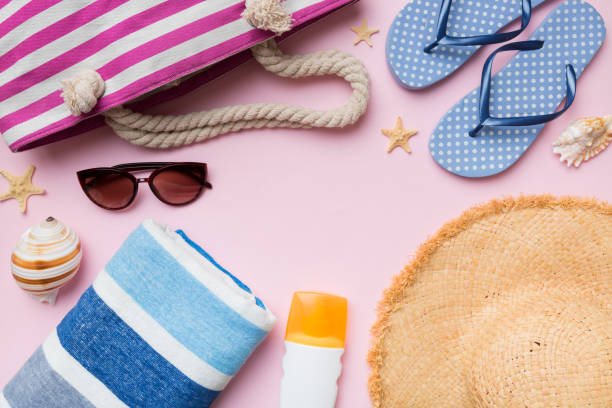 istock Summer vacation concept flat lay. beach accessories and towel top view. Space for text. travel concept 1413268575