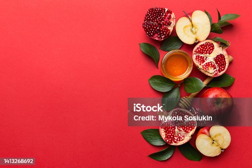 istock Flat lay composition with symbols jewish Rosh Hashanah holiday attributes on colored background, Rosh hashanah concept. New Year holiday Traditional. Top view with copy space 1413268692
