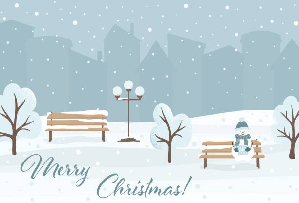 Winter city park with bench, lantern, trees, snowman and silhouettes of houses. Winter city park with bench, lantern, trees, snowman and silhouettes of houses. Vector illustration snow storm city stock illustrations