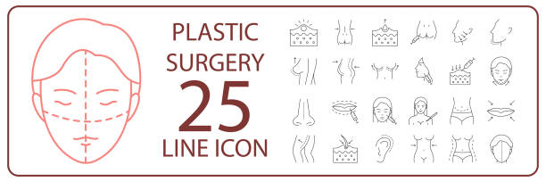 plastische chirurgie vektorlinien-symbolsatz. menschlicher körper und gesicht oder haut. körperpflege schönheit - face lift illustrations stock-grafiken, -clipart, -cartoons und -symbole