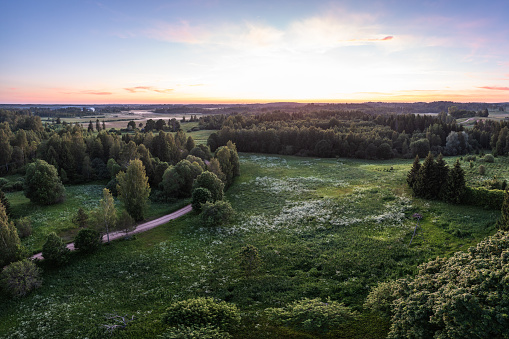 Areal view of a landscape of Vecpiebalga after sunset, Vidzeme, Latvia