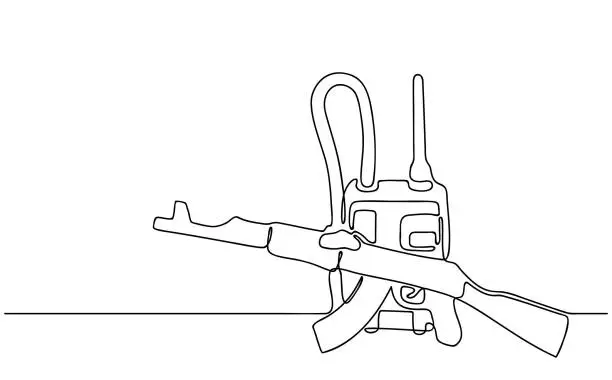 Vector illustration of Weapon, backpack with radio communication. One continuous line drawing of Soldier equipment. Concept - armed forces, service and security, military and navy, mercenary. Vector