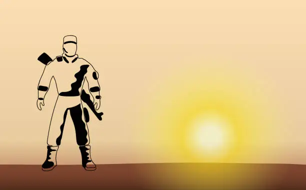 Vector illustration of Silhouette of Solider against sunrise. Drawing of modern Military man. Concept - Army and honor, protection and patriotism. Vector