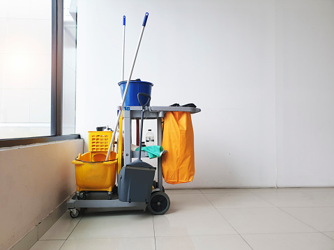 janitorial, cleaning equipment and tools for floor cleaning at the airport terminal.