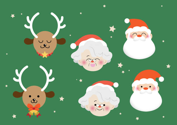 Isolated faces of christmas Santa, Mrs Claus and reindeer Isolated faces of christmas characters flat vector illustrations set. Santa Claus and his wife Mrs Claus,  reindeer. Isolated christmas face set. mrs claus stock illustrations