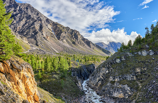 Narrow river canyon in the Siberian mountains. Eastern Sayan. Buryatia. Russia