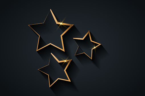Gold Stars template. Giving Ceremony. Golden star prize concept, Luxury Silhouette icon. Films and cinema symbol stock, Banner Academy, vector isolated or black background