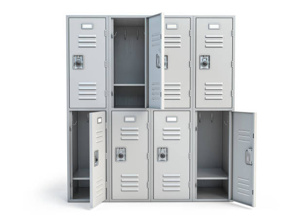istock Metal locker box with open doors isolated on white. 1413277506