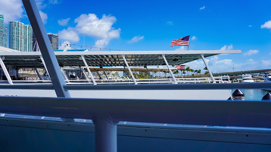 Miami, USA - April 23, 2022: Luxury yachts at the Bayside Marina in Miami, Florida USA
