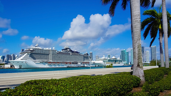 Miami, Florida, USA - April 23, 2022: Port of Miami with cruise ships. Miami is a major port in United States for cruise liners.