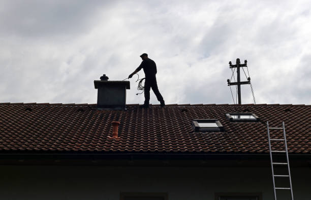 uno spazzacamino pulisce il camino sul tetto di una casa - chimney sweeping foto e immagini stock